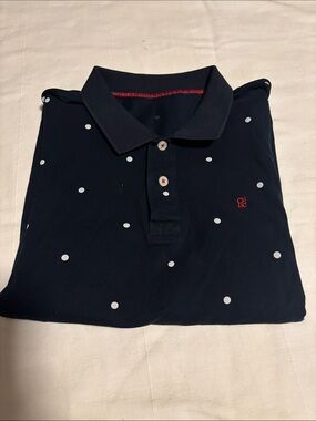 Carolina Herrera Navy Polo with White Polka Dots and Red Logo